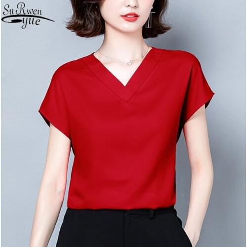 2021 Summer Office Lady Solid V-neck Blouse Women Short Sleeve Casual Silk Satin Shirt Plus Size M-4XL Loose Tops clothes 10297