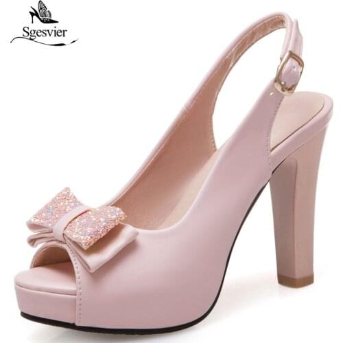 Sgesvier Summer Women Shoes Bowtie High Heel Sandals Thick Heels Dress Shoes Woman Ankle Strap Heeled Footwear Size 32-43 G166