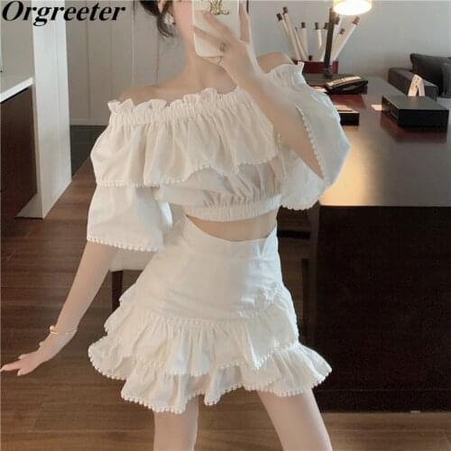Sexy Patchwork Ruffle Set for Women Slash neck Flare Short Sleeve High waist Bodycon Skirt Female Two piece set 2021 Summer New