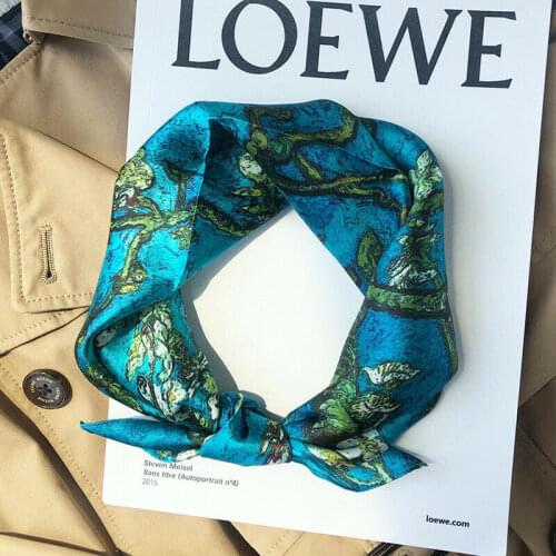 Women Vintage Small Kerchief Scarf 100% Silk Flower Tree Print Bandana Shiny Turban Bow Tie Band 53cm / 20.8 inches