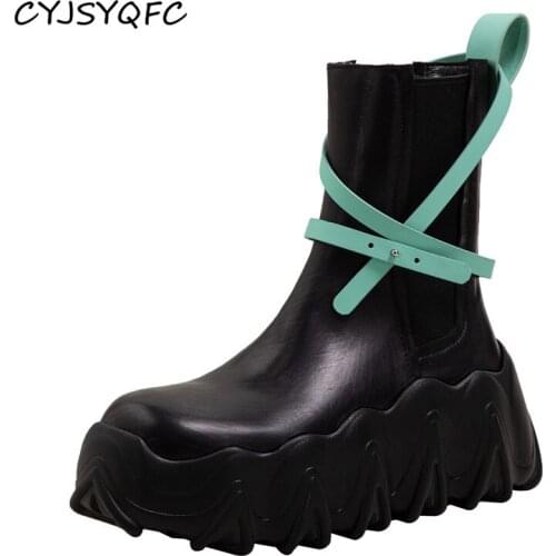 CYJSYQFC Autumn Genuine Leather Flat Platform Women Ankle Boots Square Toe Belt Buckle Thick Bottom High Heels Lady Short Boots