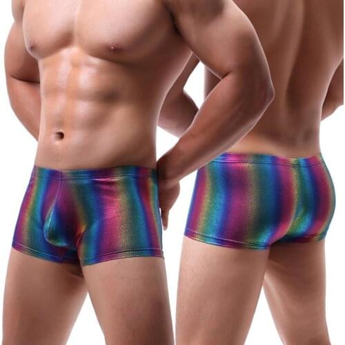 Men Boxer Shorts Low Waist Rainbow Printed Breathable Underwear Clubwear Male Bugle Pouch Sexy Cueca Soft Gay Panties