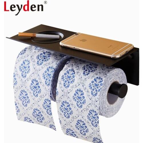 Leyden Double Toilet Paper Holder Black Wall Mounted Toilet Paper Holder with Mobile Phone Shelf Ashtray Bathroom Accessories