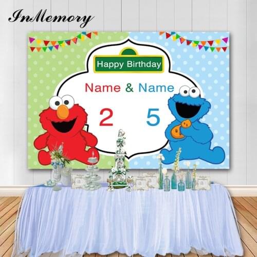 InMemory Sesame Street Twin Boy And Girl Birthday Party Backdrop Gender Reveal Red Blue Photography Backgrounds Custom Name Age
