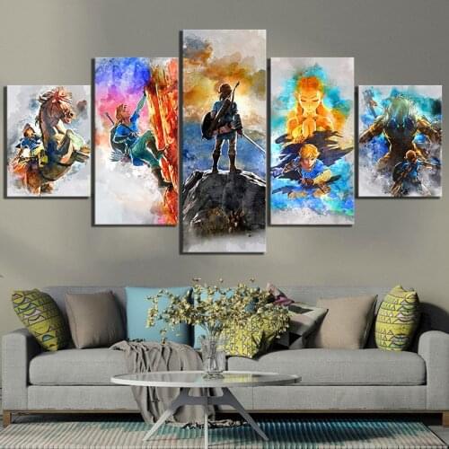 No Framed Canvas 5 Panel Zelda Gamer Anime Wall Art HD Posters Pictures Paintings Home Decor Accessories Living Room Decoration