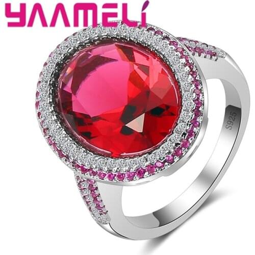 Passionate Style 925 Sterling Silver Ring Large Disc Fire Red Ethnic Style Crystal Stone Wedding Ceremony Jewelry