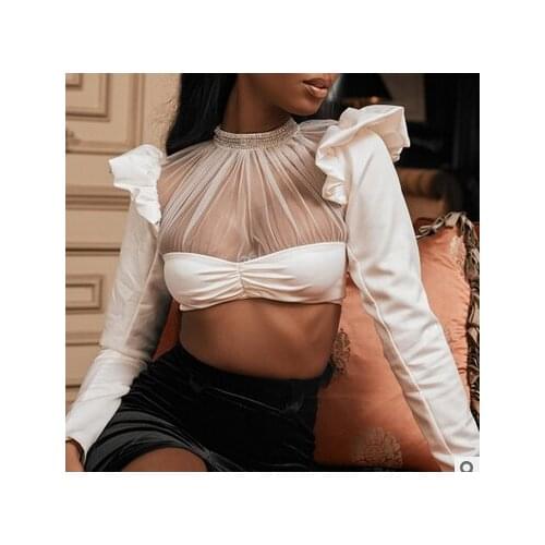 Summer Women Sexy Fashion Casual Long Sleeve Bodycon Top Shirt Mock Neck Ruffle Crop See Through Pullover Top Clothes