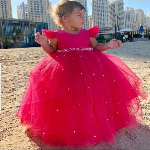 Hot Sale Puffy Tulle Flower Girls' Dresses with Sash Beaded Capped Jewel Neck Cheap Birthday Party Princess Gowns