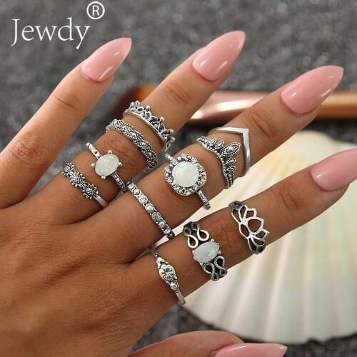 11 PCS/Set Vintage Knuckle Opal Rings for Women Boho Geometric Flower Crystal Ring Set Bohemian Midi Finger Jewelry Bague Femme