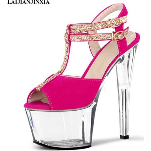 LAIJIANJINXIA New 17Cm Trasnparent Heel Sandals Women Ankle Straps Comfortable High Heels Womans Sandal Platform Womens Shoes