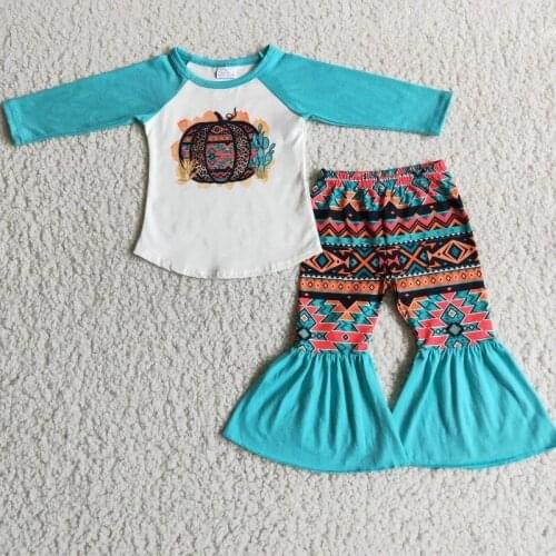Wholesale Baby Girl Thanksgiving Clothing Green Long Sleeve Pumpkin Shirt Colorful Bell-bottomed Pants Set Kid Outfit Clothes
