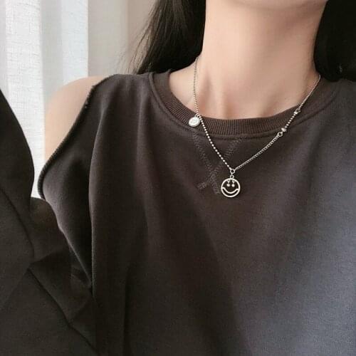 925 Sterling Silver Hollow Smiling Face Necklace Thai Silver Round Luck Charm Necklace For Women Men Jewelry S-N586