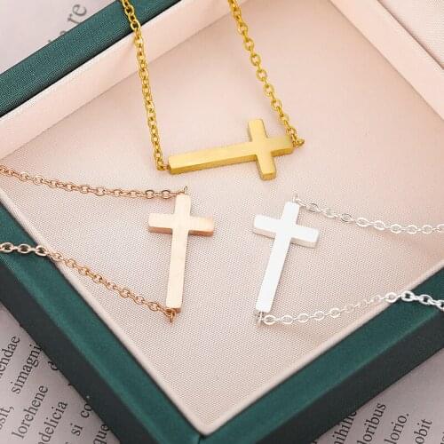 Womens Fashion Cross Necklace Christian Jewelry Stainless Steel Rose Gold Couple Necklace Best Friend Gifts Collier Femme