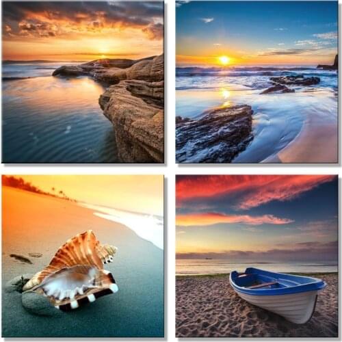 Canvas Wall art Ocean Sunset Beach Paintings Blue Seascape Canvas Art Coast Nature Pictures Modern Artwork Sailing lighthouse