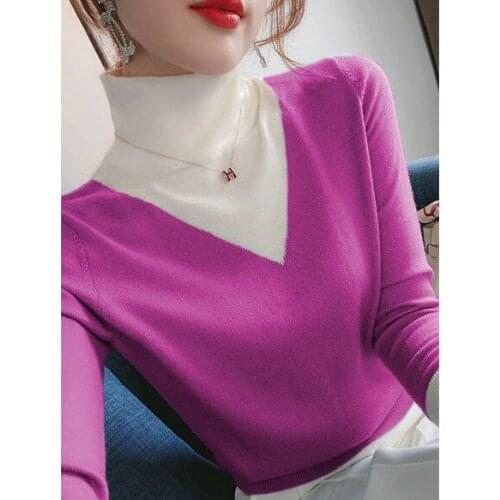 Fake two piece stitching color contrast ~ slim half high collar ~ 2021 spring new T-shirt with long sleeves inside and outside