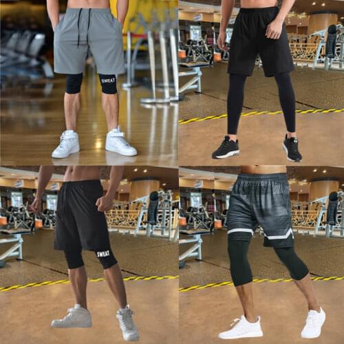 High Quality Mens 2 In 1 Running Shorts New Summer Sports Pants Mens Half Pants Fake Two Piece Fitness ShortsTrousers