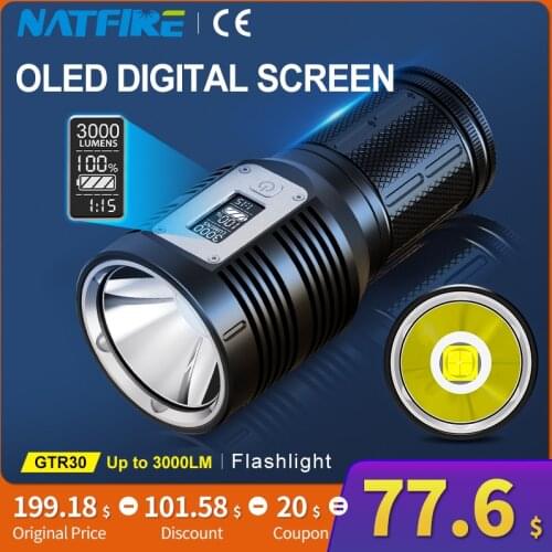 Flashlight Rechargeable 3000 Lumens OLED Digital Display 10400mAh USB-C Charging with Power Bank Function Handheld Torch GTR30