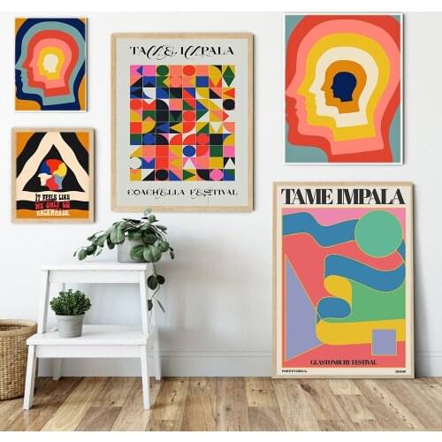Tame Impala At Glastonbury Gig Canvas Posters Retro Abstract Geometry Painting Colorful Head Wall Pictures for Living Room Decor