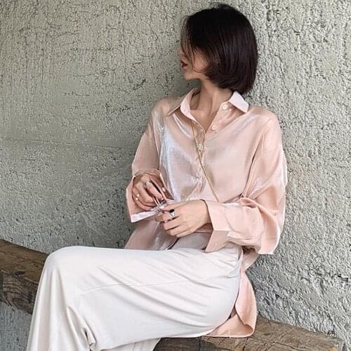 HStar 2020 spring Women Glossy Blouses lady Solid Long Streetwear Clothes Shirt female Long Sleeve Loose Tops