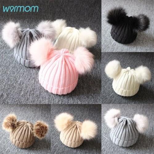 Warmom Newborn Baby Kids Winter Warm Knitted Hat Furry Balls Pompom Solid Color Infant Cute Lovely Beanie Cap Hat Gifts For 1-3Y