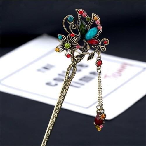 Fashion Tassel Fork Ancient Gold Resin Butterfly Hairpin Hair Jewelry Women Vintage Flower Hair Sticks Wedding Hair Accessories