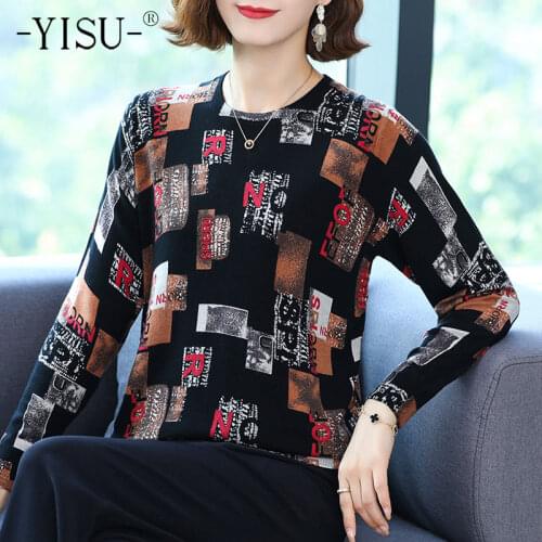 YISU Women clothing Wool Sweater Jumper O-Neck Letters Printing tops Long sleeves Loose Female Casual Knitted pullover 2021