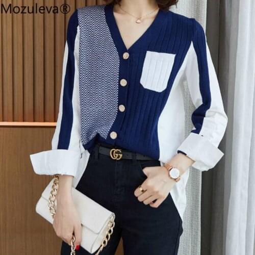 Mozuleva 2021 Autumn Winter Womens Knitwear Patchwork Knitted Button Short Cardigans Elegant Oversize Lady Sweaters Tops femme