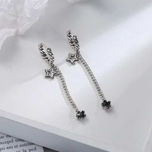 Utimtree Retro Thai Silver Five Star black Zircon Long Tassel Drop Earrings for Women Girl Party Birthday Jewelry