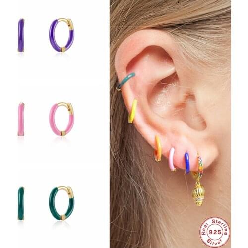 GS 925 Sterling Silver European Neon Pink Purple Enamel Hoop Earrings For Women Luxury Circle Round Earring Pendientes Jewelry