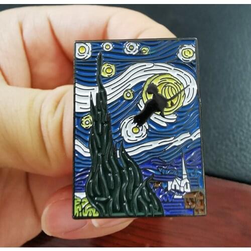 Kikis Delivery Service Moonlight Ride Brooch Van Gogh starry night enamel pin fan art jewelry