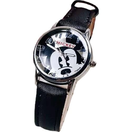 Disney Cartoons Mickey Childrens watch Boy girl Mickey Mouse student Black leather quartz watch Childrens leisure watch