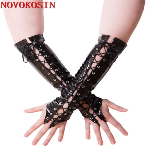 KH47 2017 Sexy Long Black Red PVC Women Gloves Ladies Fetish Faux Leather Black Lacing Gloves Clubwear Sexy Cosplay Costumes