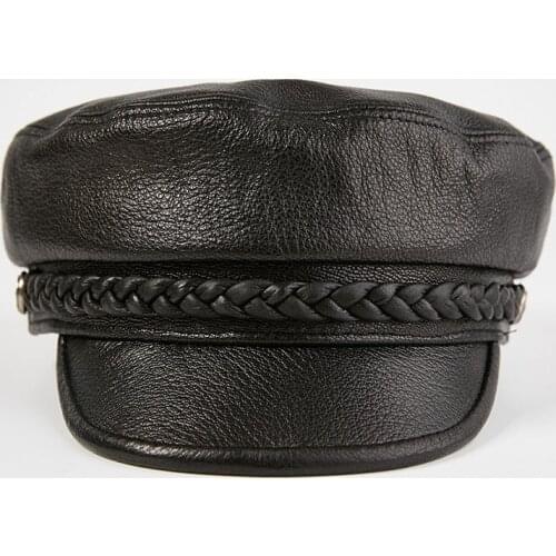 Fibonacci 2019 New Sheepskin Leather Military Cap Top Quality Autumn Winter Flat Top Women Army Hat