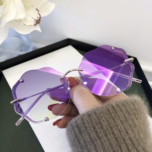 2021 New Fashion Round Luxury Sunglasses For Women Men Purple Mirror Flower Shades Design Brand Rimless Sun Glasses Oculos UV400