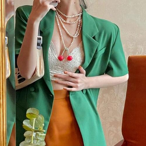 Vintage Short Sleeve Green Suit Jacket Casual Spring and Summer 2021 Fashion Thin Temperament Retro Solid Green Women Clothing