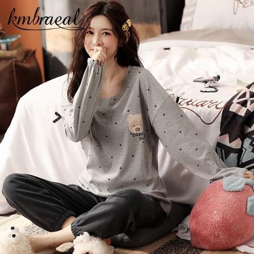 Pajamas Set Women Long Sleeve Sleepwear Cotton Loose Autumn Homewear Two Piece Set Leisure Solid Can Wear Outside Plus Size 3xl