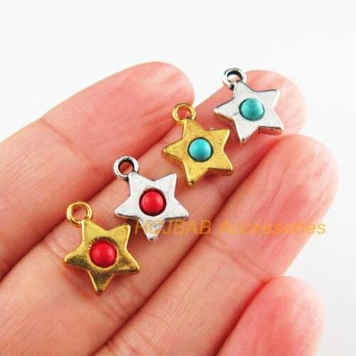 20 New Star Charms Tibetan Silver Tone & Gold Color Red & Blue Stone Pendants 11x14mm