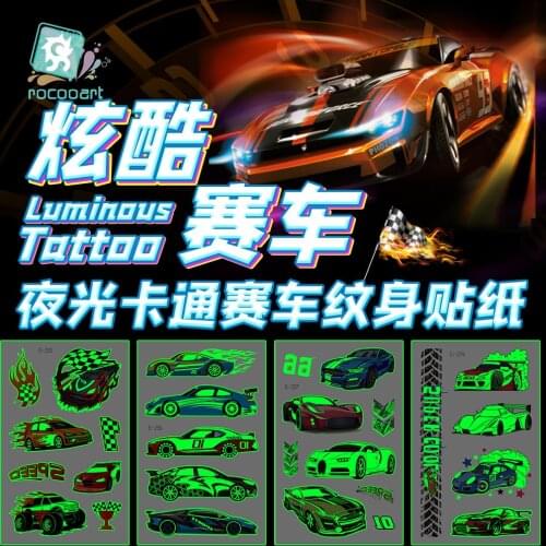 Luminous Cool Racing Tattoo Stickers Waterproof Party Cartoon Car Childrens Temporary Tattos Hand Body Foot Men Fake Tatoo