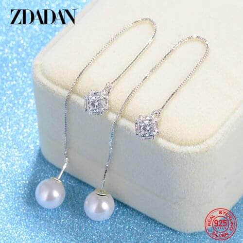 ZDADAN 925 Sterling Silver Pearl Long Chain Dangle Earring For Women Charm Party Jewelry Gift