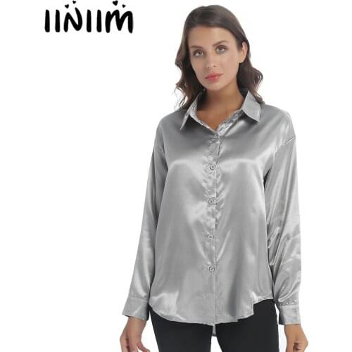 Women Solid Color Turn-Down Collar Full Long Sleeve Shirts Office Ladies Vintage Chic Button Soft Smooth Satin Blouse Work Tops