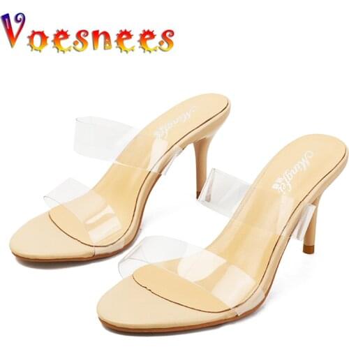 Summer New Women Heels Transparent One Word Strap Slippers Walking Show Korean Style Women Shoes High Heels Sexy Party Sandals