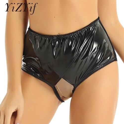 Women panties sexy Underwear WetLook Patent Leather Lingerie High Waist Wrapped Mesh Spliced Back Crotchless Briefs