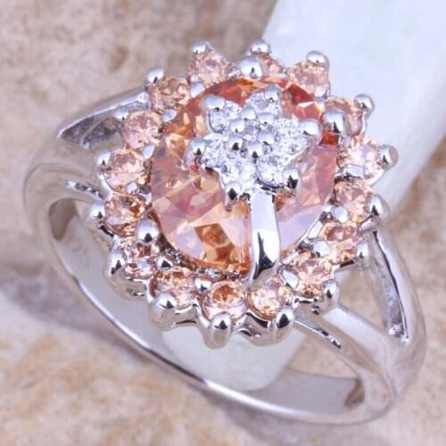 Fabulous Champagne Morganite White CZ Silver Plated Womens Jewelry Ring Size 6 / 7 / 8 / 9 R1175