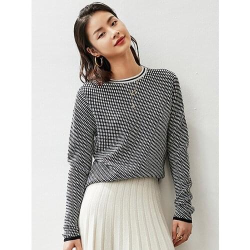 100% Cashmere Sweater Women Simple Design Fine Plaid O Neck Long Sleeves Ladies Casual Pullovers New Fashion