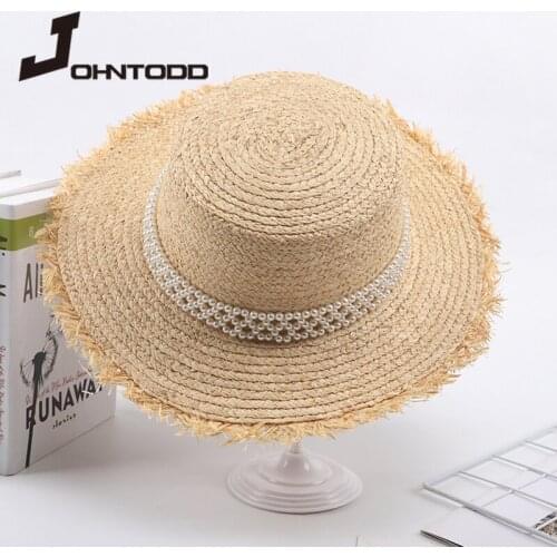 2021 New Summer Womens Sun Hat Pearl Ribbon Flat Roof Raffia Straw Hat Beach Hat Ladies Cap Handmade Casual Sun Hats for Women