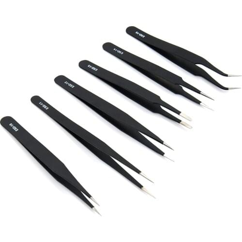6Pcs/lot ESD Stainless Steel Tweezers Maintenance Anti-static Industrial Precision Curved Straight Tweezers Repair Tools