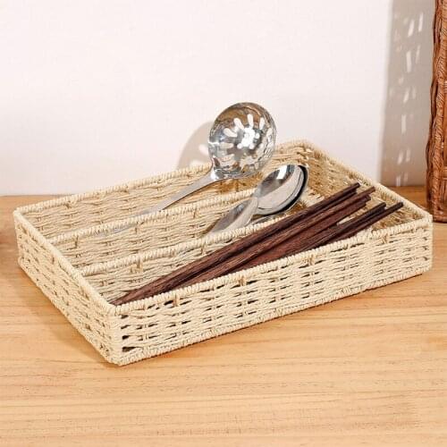 634E Divided Rattan Woven Storage Box Large Desk Kitchen Utensil Hand-Woven Storage