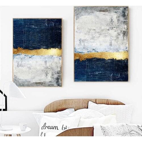 Abstract Gold Foil Block Painting Blue Print Modern Golden Wall Art Picture for Living Room Navy Decor Big Size Tableaux