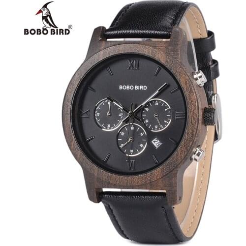 BOBO BIRD Leather Strap Wooden Men Watches 2020 Luxury Wood Quartz Wristwatche Auto Date male Clock erkek kol saati Dropshipping