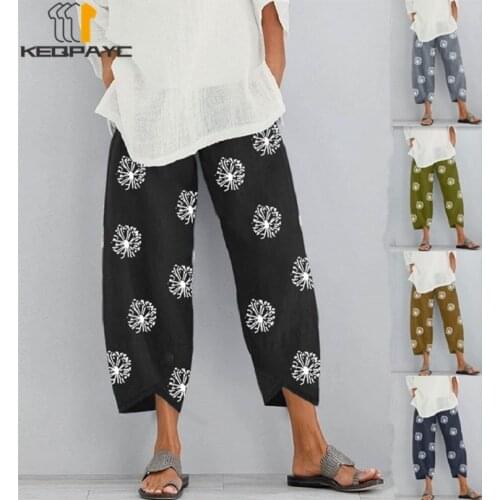 Vintage Summer Linen Pants Women Casual Harem Pants Dandelion Print Elastic Waist Wide Leg Pants Female Loose Trousers